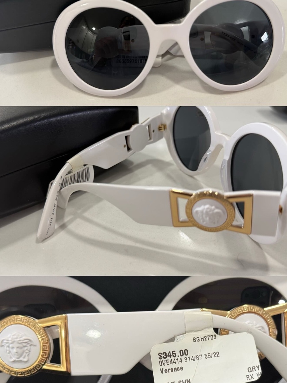 Versace White Round Sunglasses with Gold Medallion Accents